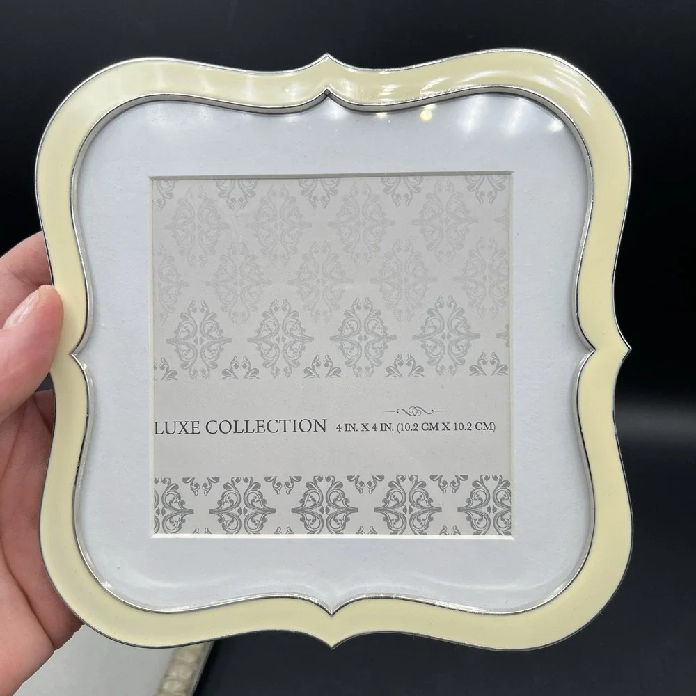 Set Of 3 Enamel Metal & Crystal Picture Frames Neutral Color Cream Beige Silver